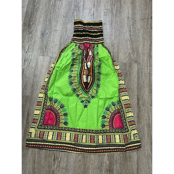 Traditional Dashiki Print Elastic Waist Maxi Skirt Lime Green One Size - Picture 1 of 2